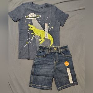 NWT Jumping Beans Boys Size 5 Space Dino Short Sleeve T & Jean Shorts